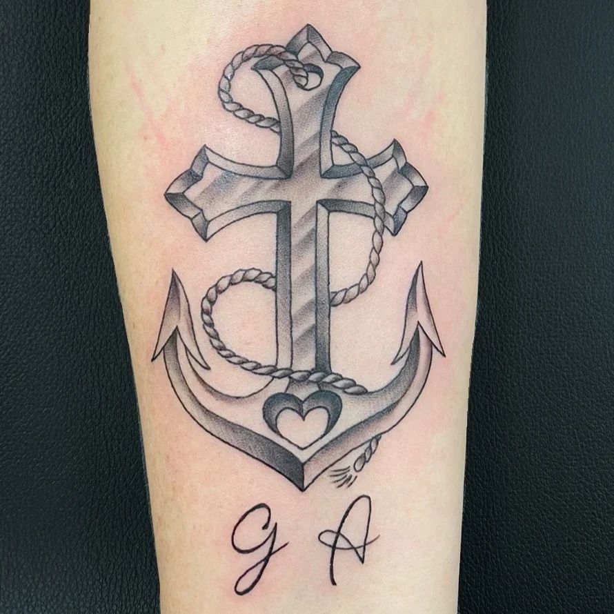 Anchor and Cross Tattoo with Rope on Arm