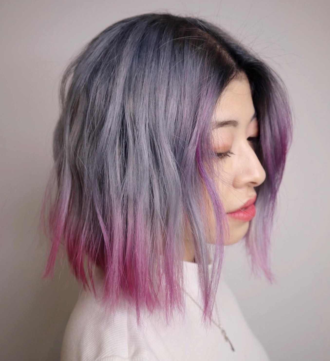 Short Bob Cut with Gray-to-Pink Ombre Hair Color