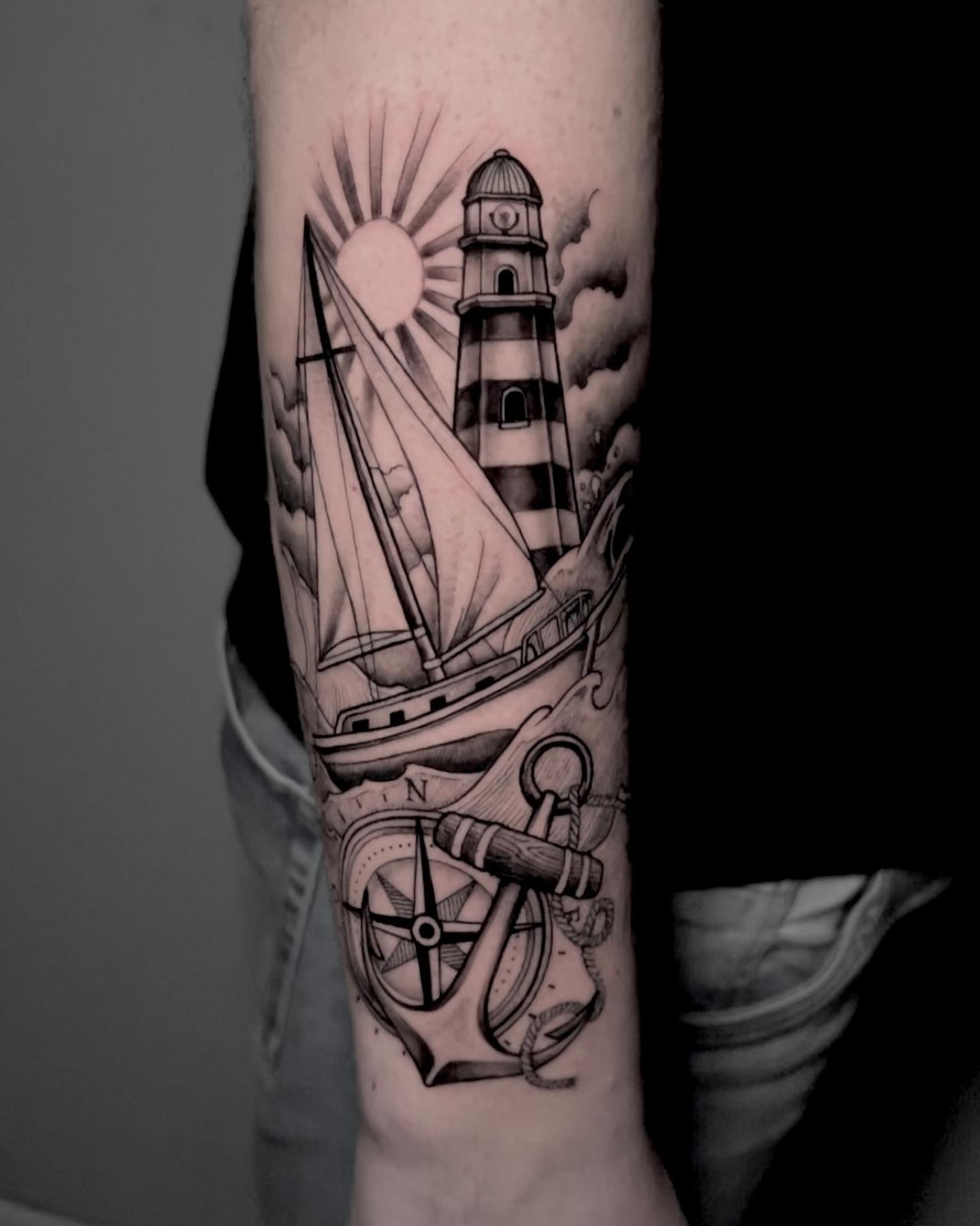 Anchor and Ship Tattoo on Forearm