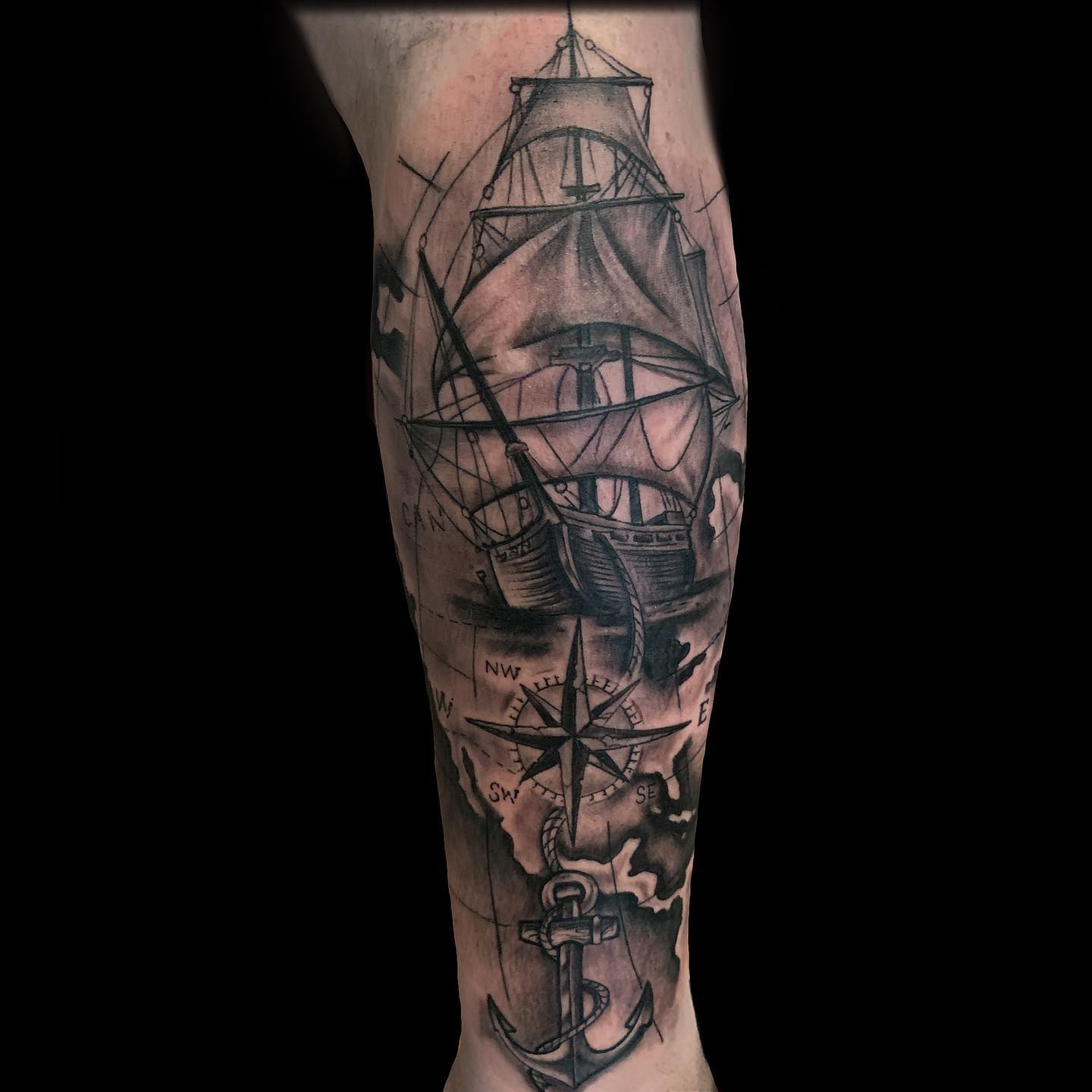 Anchor Compass and Ship Tattoo on Leg