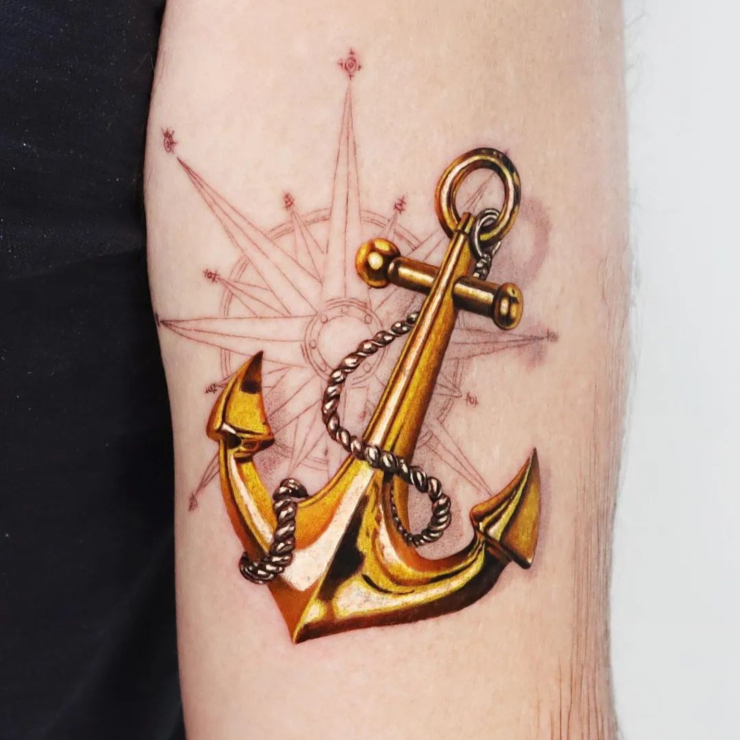 3D Gold Anchor Tattoo