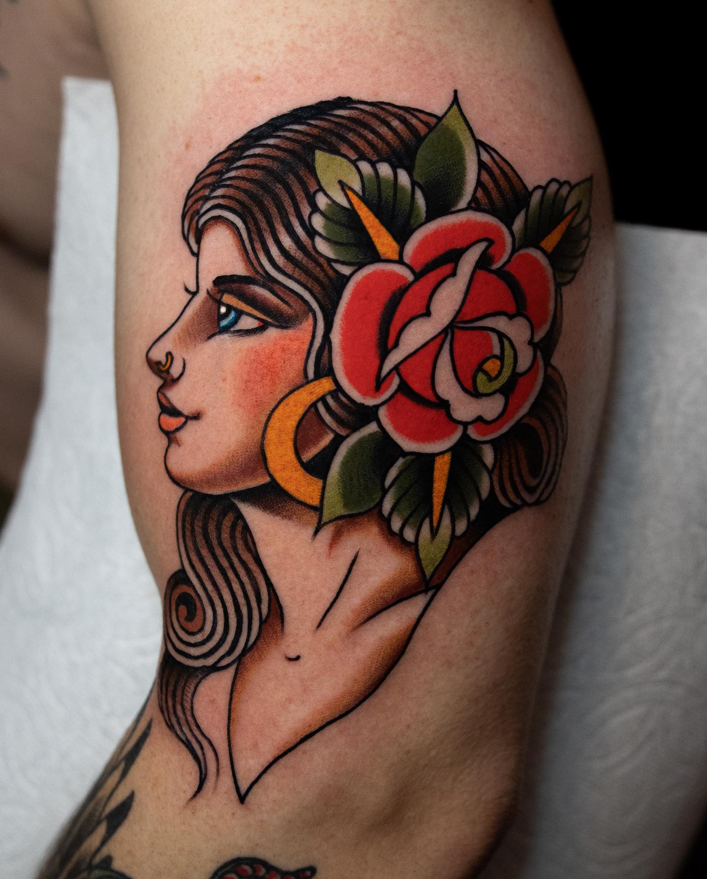 Gypsy with Red Rose Tattoo on Arm