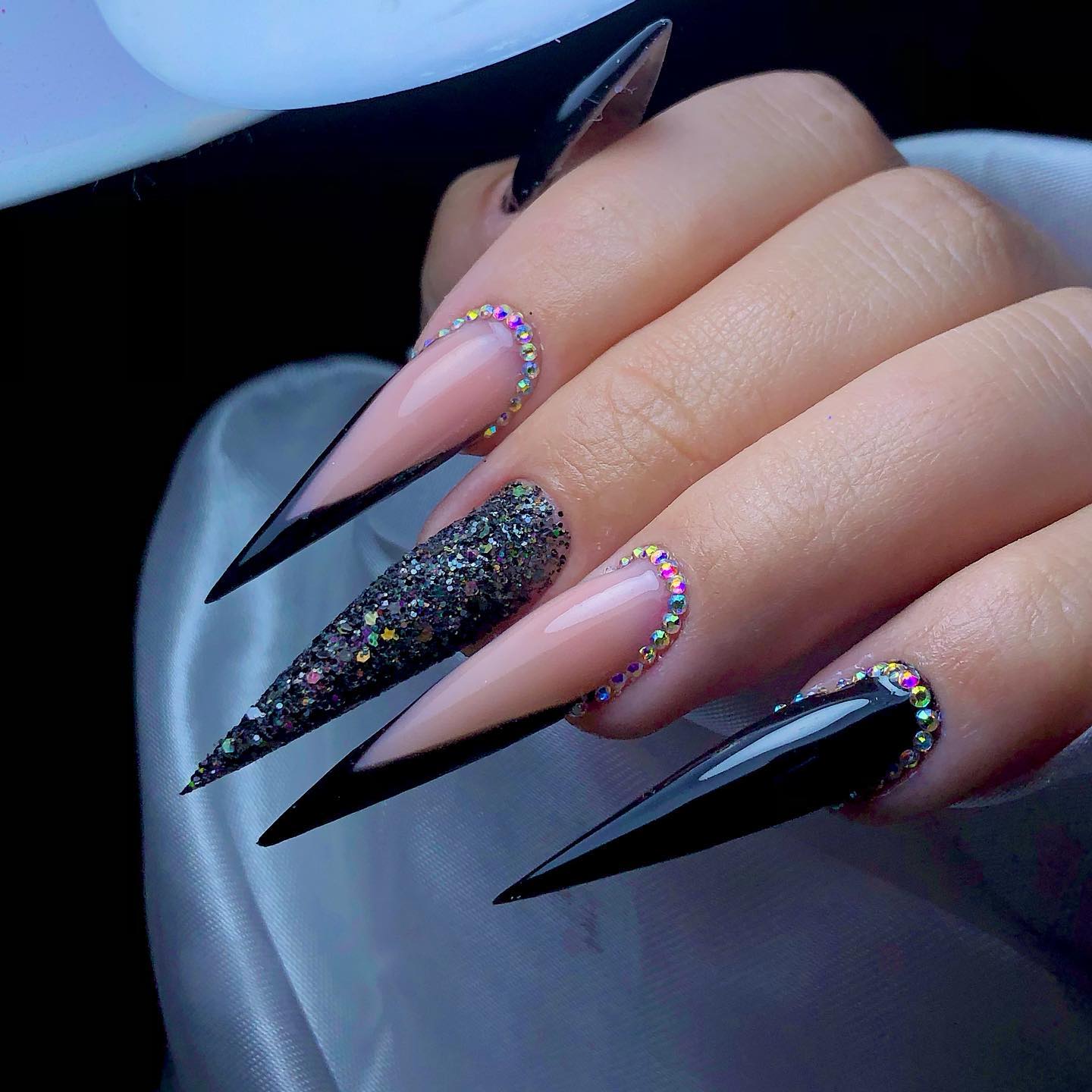 3 Long Acrylic Stiletto Black Nails With Glitter And Rhinestones 