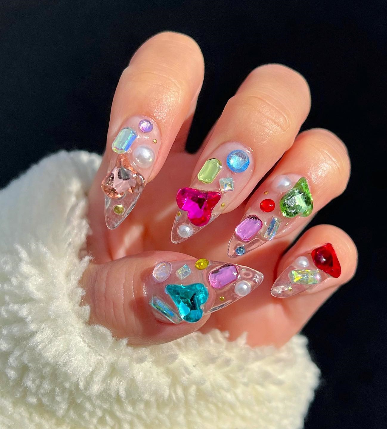 Clear Nails with Colorful 3D Stones