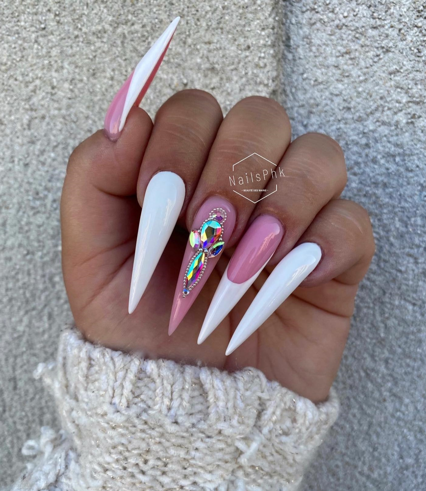 white pointed acrylic nails