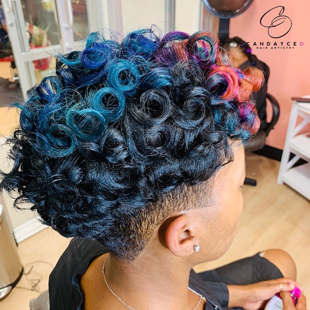 Short Tight Colorful Curls on Pixie Cut with Undercut