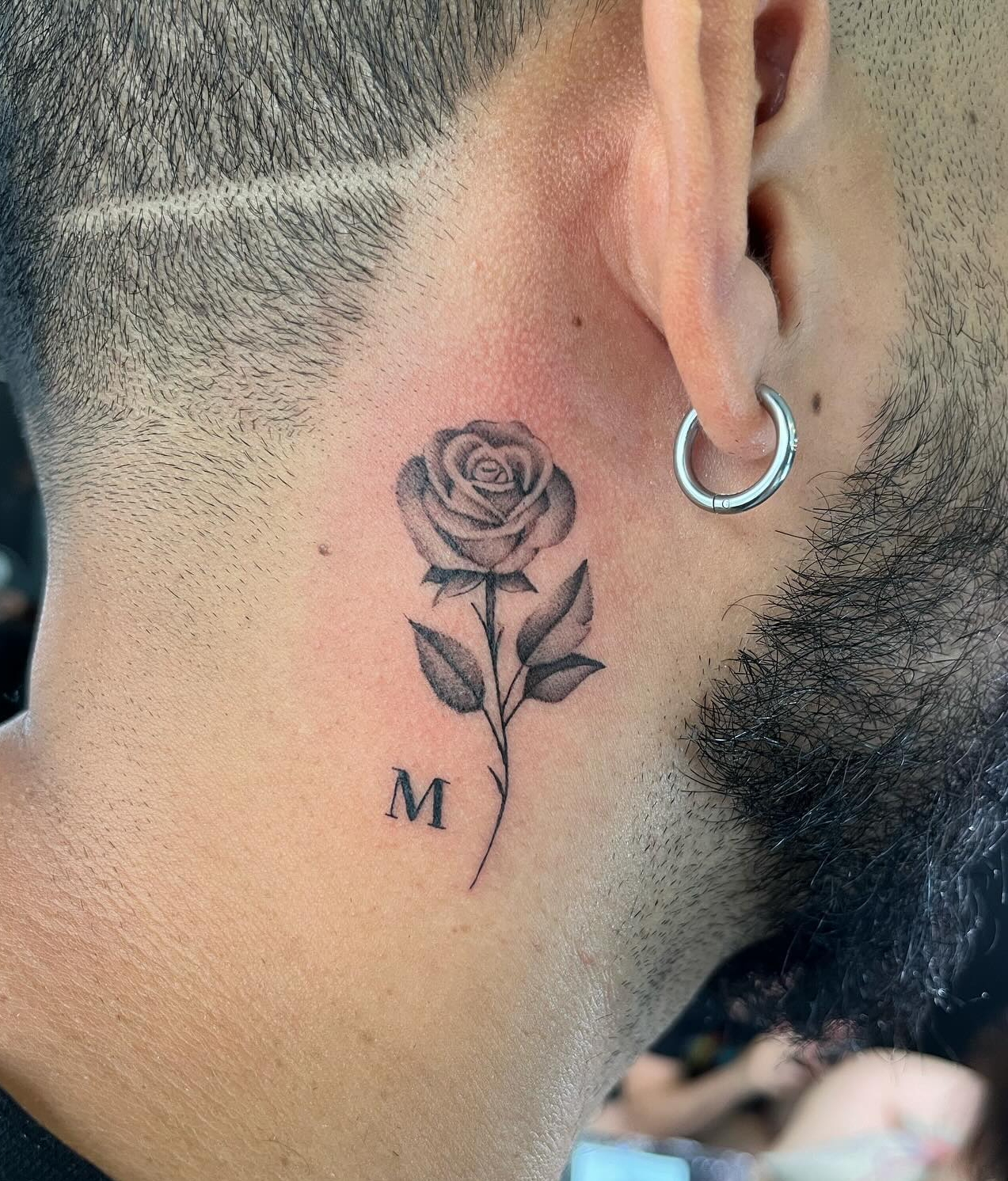 Mini Black Rose Tattoo Behind Ear