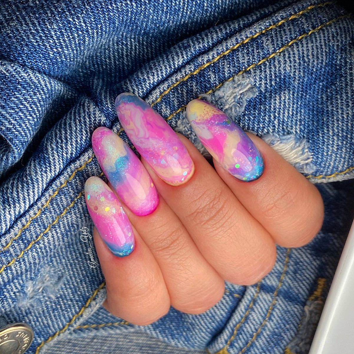 Long Round Pink Galaxy Nails