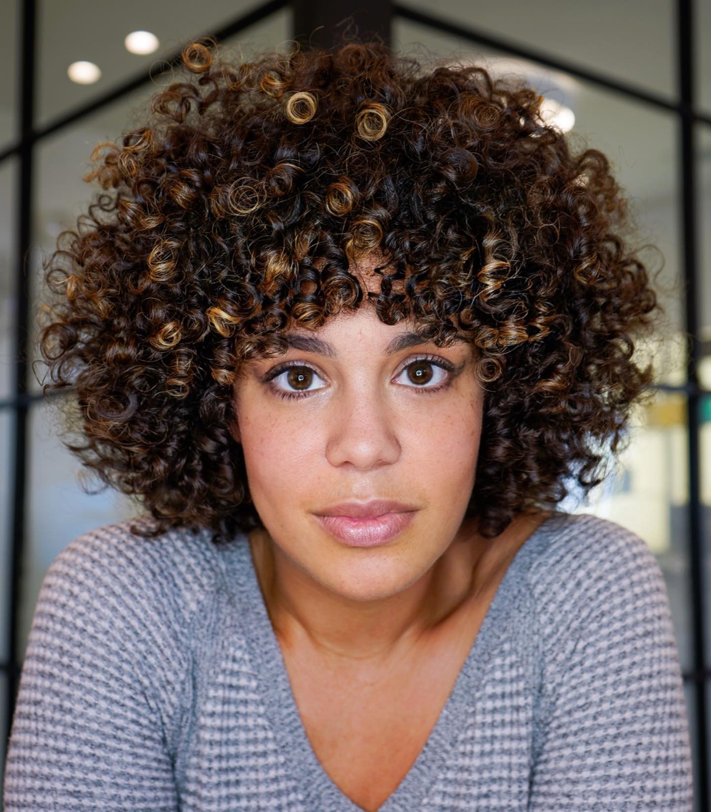 Short Thick Curly Hairstyle with Blonde Highlights