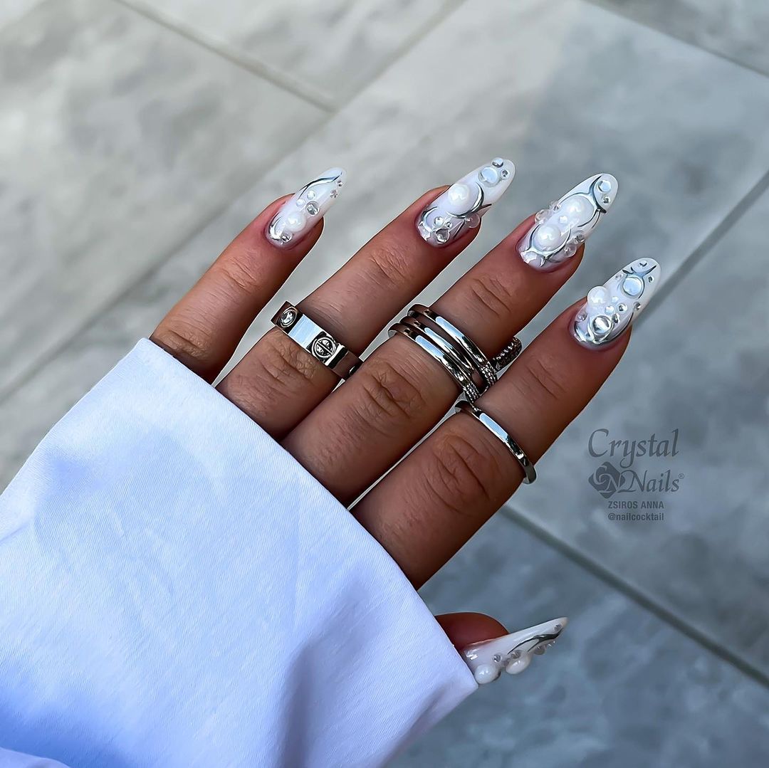 french tip nails with silver line
