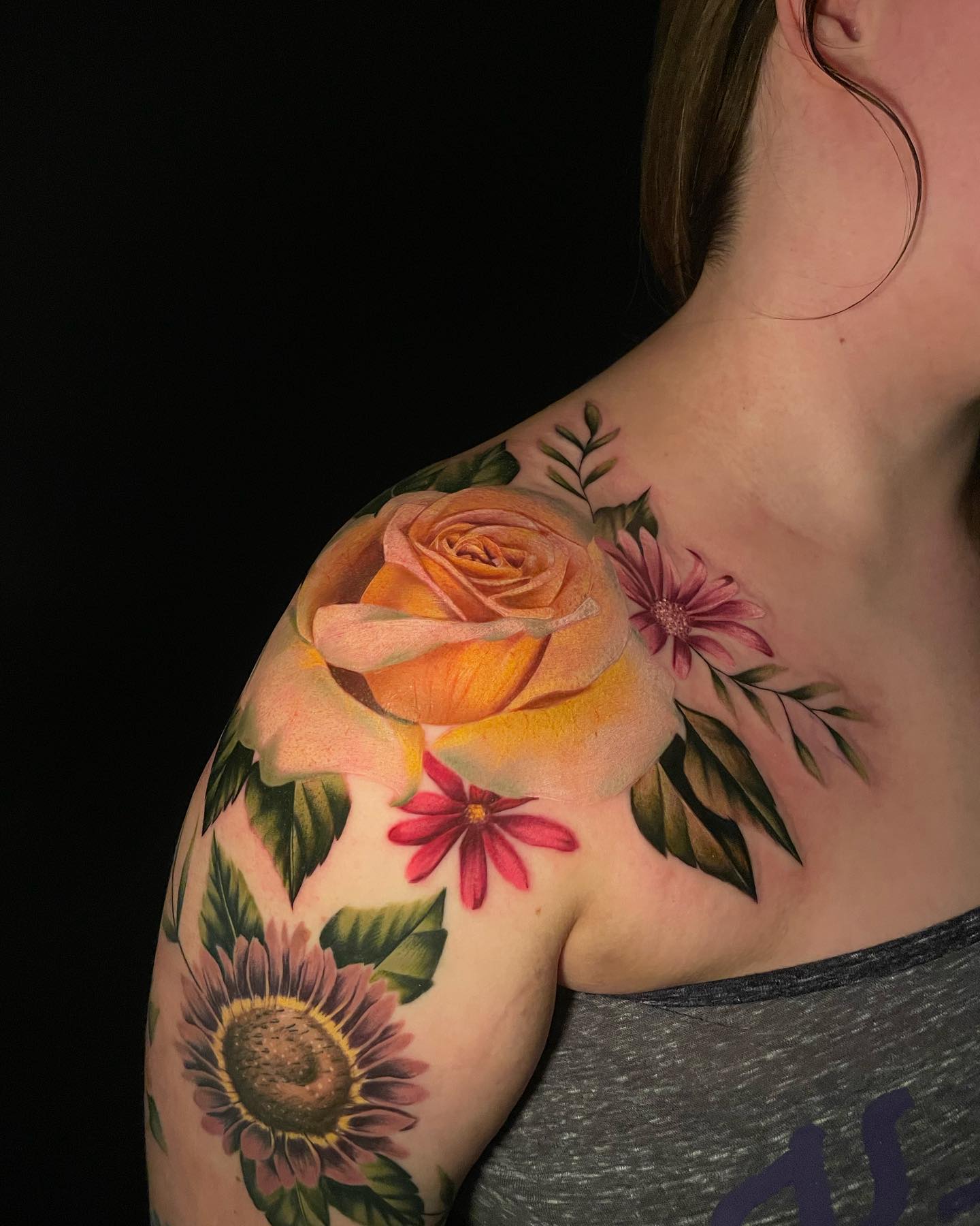 Large Yellow Rose Tattoo on Shoulder