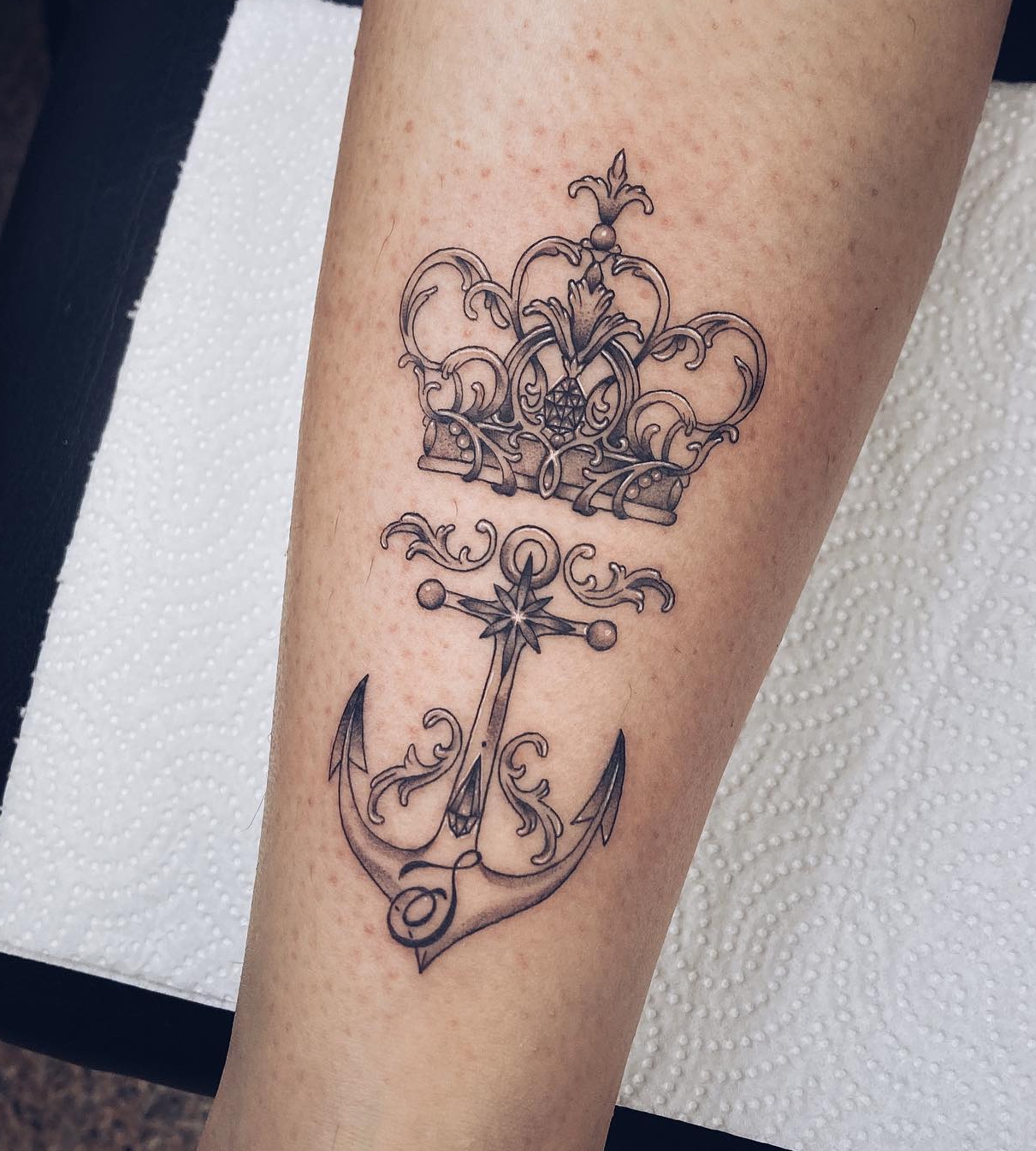 Black and White Anchor and Crown Tattoo