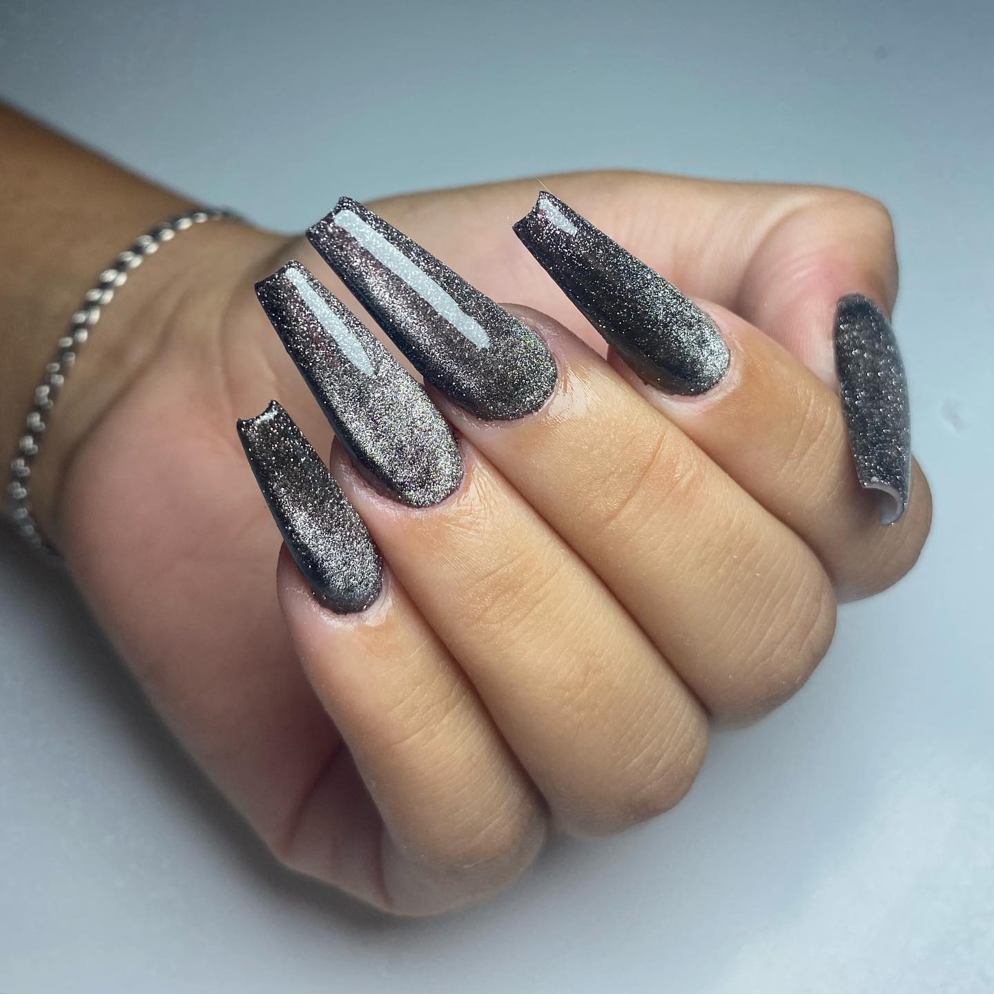 Long Coffin Gray Cat Eye Nails