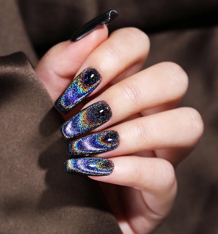 Long Round Black Cat Eye Nails with Colourful Glitter