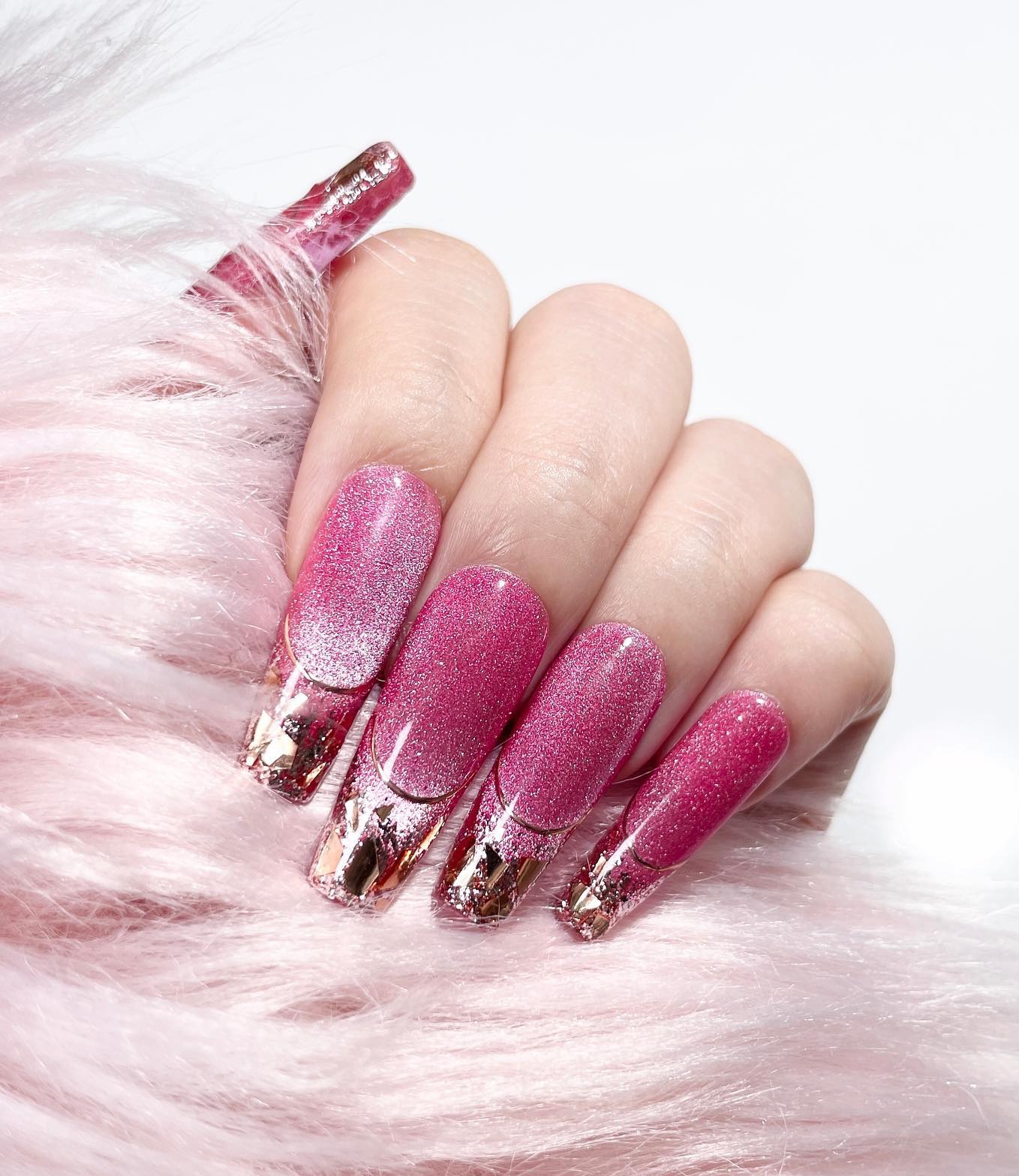 Long Square Pink Cat Eye Nails