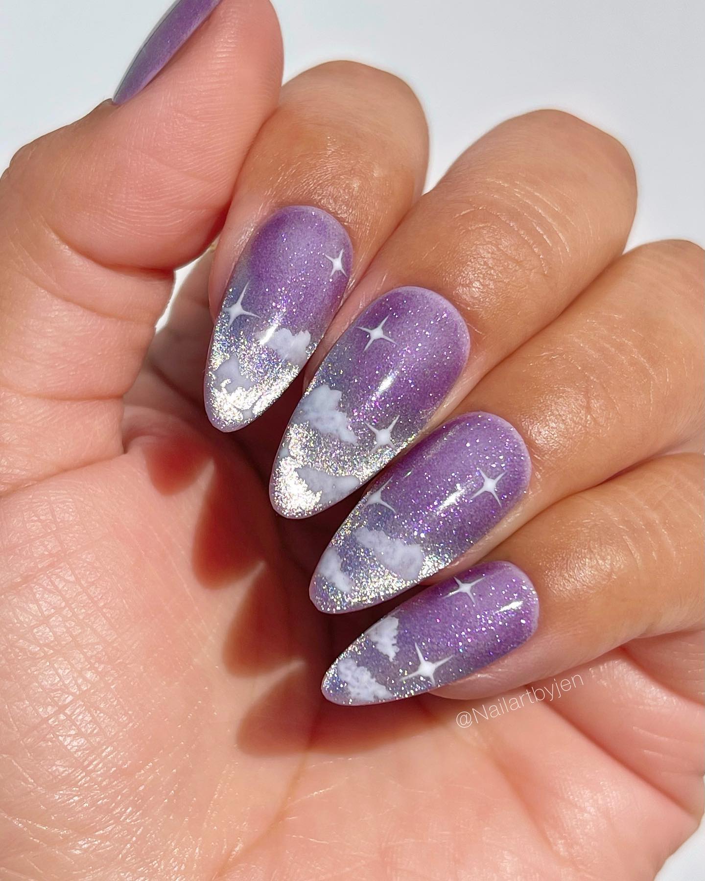 Purple Cat Eye Nails with Clouds and Stars