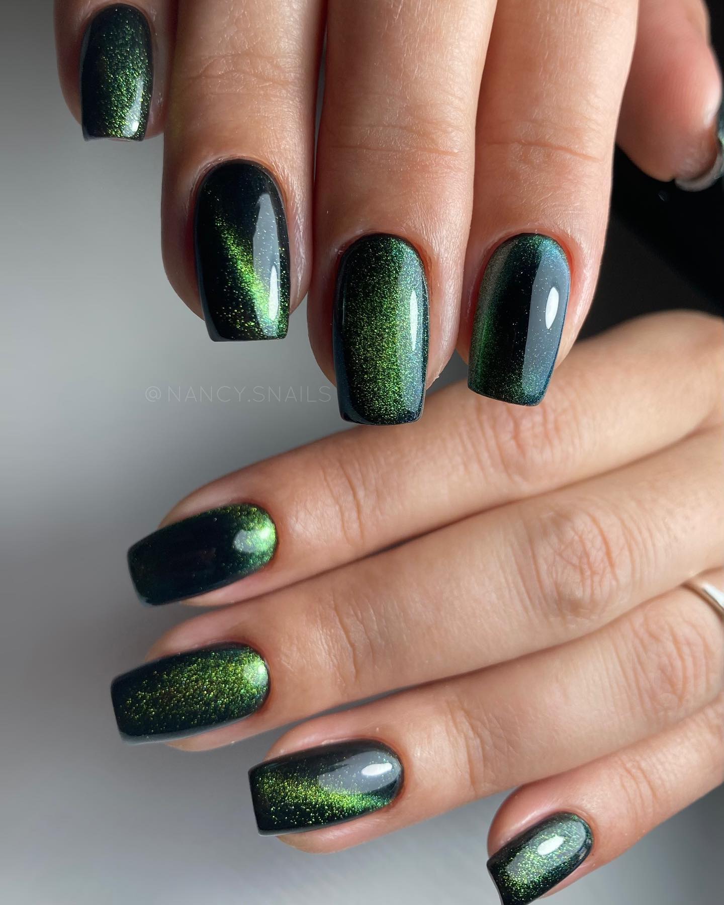 Short Square Green Cat Eye Nails